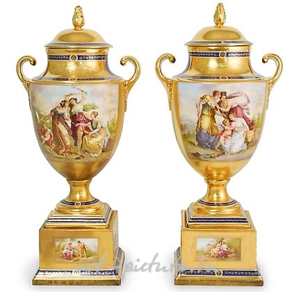 Royal Vienna Porcelain, Pair of Large 19th C. Royal Vienna Porcelain Urns