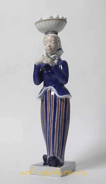 A woman with a basket of eggs on her head. Denmark, Copenhagen, Royal Copenhagen.