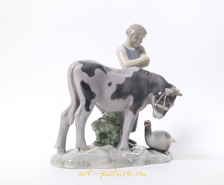 Girl with a cow and goose