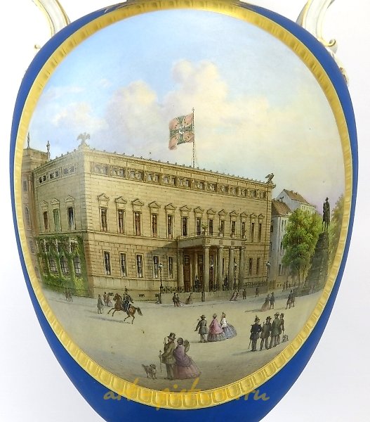 VASE ON AN OCTAGONAL BASE WITH BISCUIT HANDLES. KPM BERLIN. 1875.