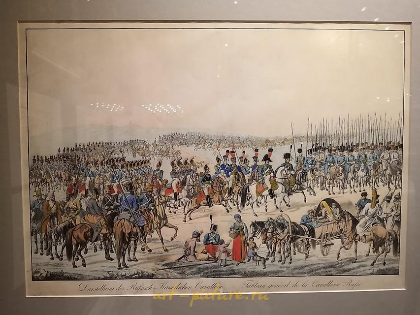 描绘了俄罗斯骑兵，包括不规则部队，正在行进。