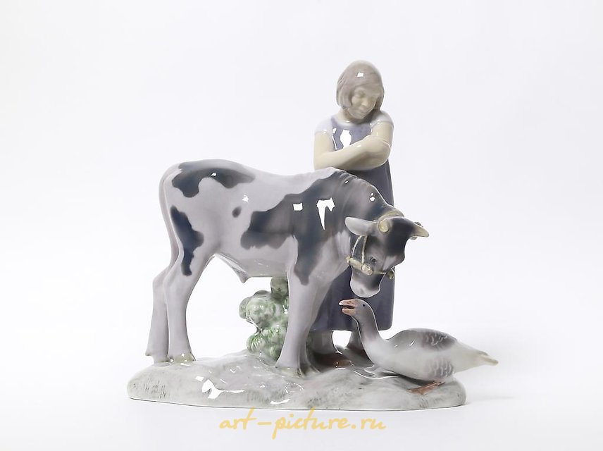 Girl with a cow and goose