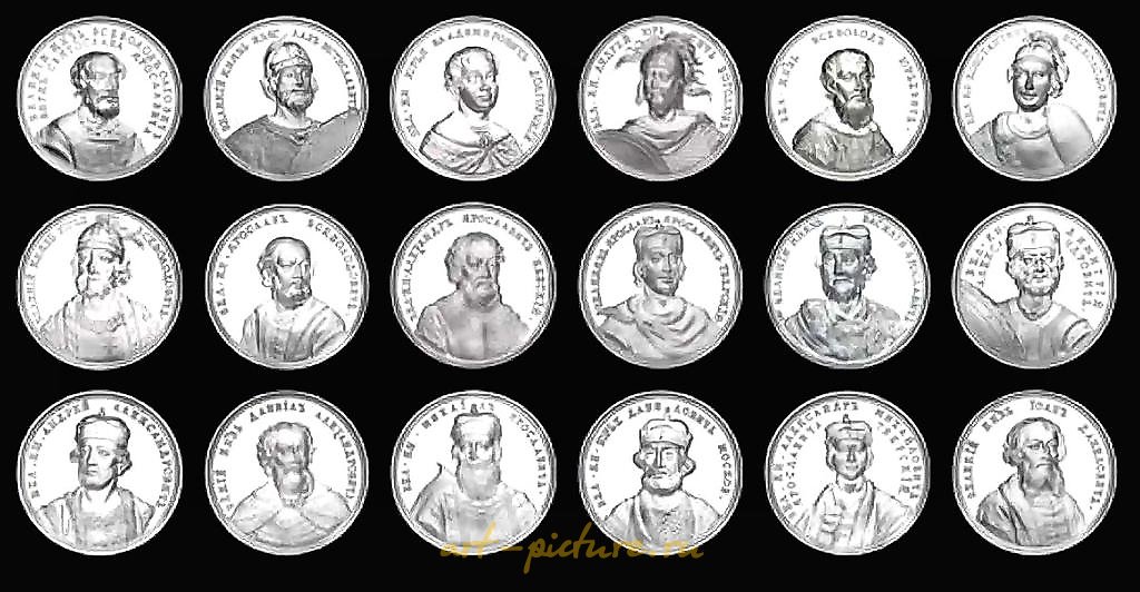 银质奖章系列“伟公、沙皇与俄罗斯帝皇”共67枚。由圣彼得堡造币厂根据保存下来的历史工具（模具）铸造的纪念奖章肖像系列。