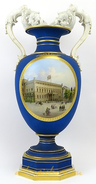 VASE ON AN OCTAGONAL BASE WITH BISCUIT HANDLES. KPM BERLIN. 1875.