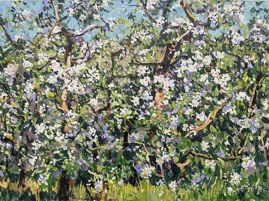 The translation of "Яблочный сад" into English is "Apple orchard."