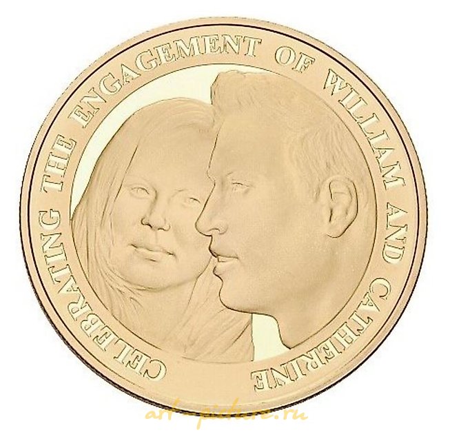 The engagement of Prince William and Catherine Middleton 2010. Gold 5-pound sterling proof coin.