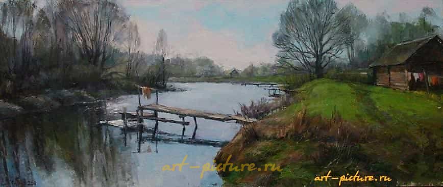 春天。小桥。画布，油画。30 x 70 厘米