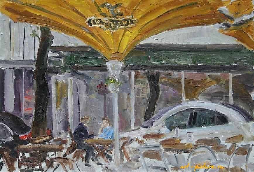 Lithuania. Vilnius. Meeting. Cardboard, oil. 20 x 30 cm.