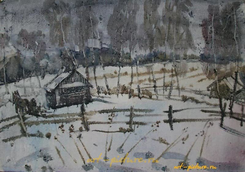 "March in the village. Watercolor. 50x70"