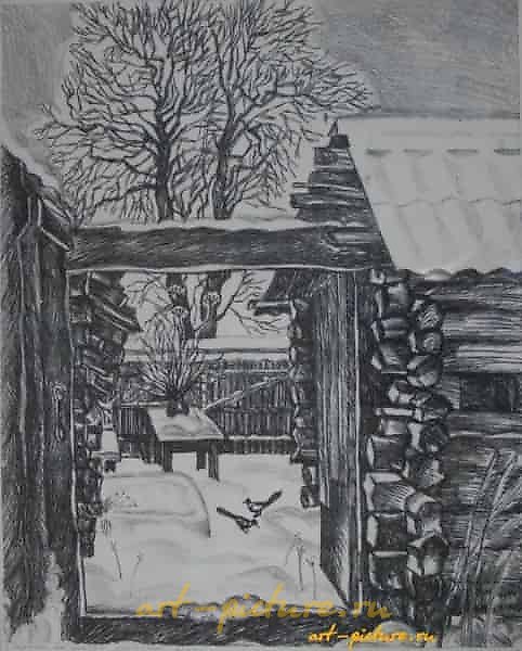 Magpies on the Snow. Engraving. 50 x 40 cm.