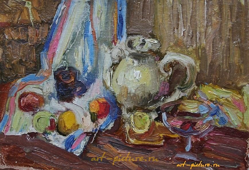 Tea Still Life. Cardboard, oil. 15 x 22 cm.