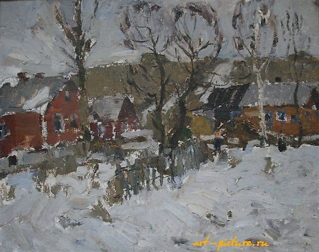 The village of Astrogany. End of winter. Cardboard, oil. 40 x 50 cm.