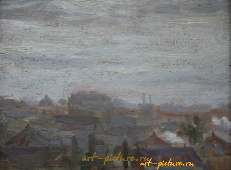 "At Stalin's Factory. Cardboard, oil. 23 x 30 cm"