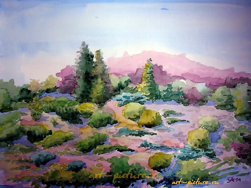 The translation of the text is: "A walk in the botanical garden. Paper, watercolor."