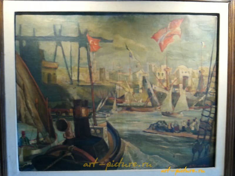 The translation of the text "Порт в черном море масло холст" into English is "Port in the Black Sea oil on canvas."