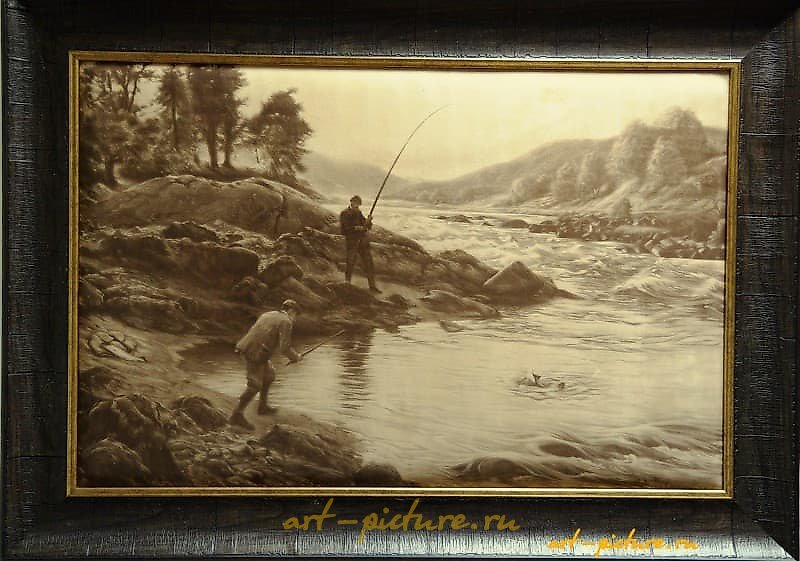 "Salmon fishing engraving on natural leather"