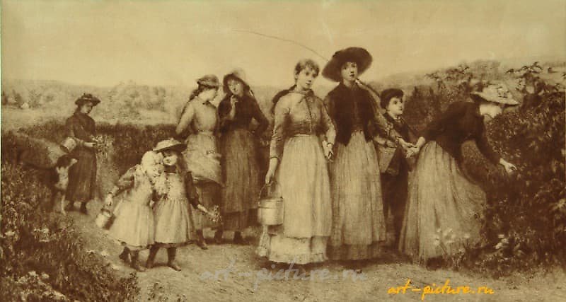 "Berry pickers engraving on natural leather"