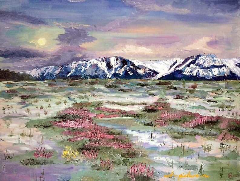 The translation of the text is: "Snowdrops oil, canvas on cardboard."