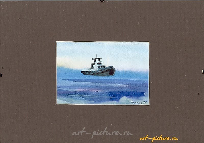 The translation of "КОРАБЛИК акварель" into English is "Little Ship watercolor."