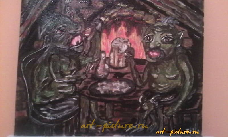 "Tavern of trolls, oil on canvas."