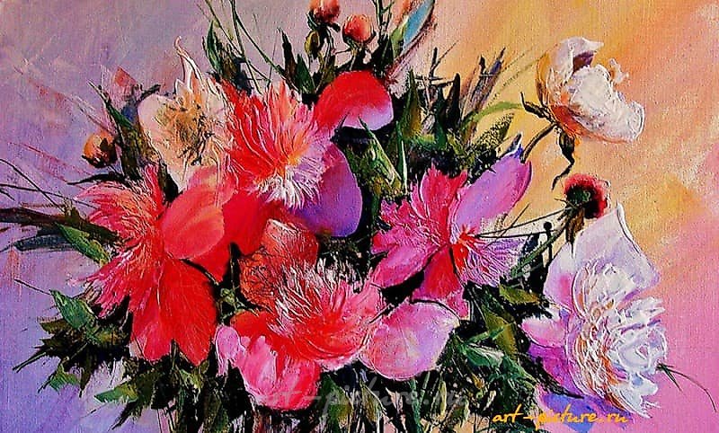 Peonies on pink acrylic, canvas.