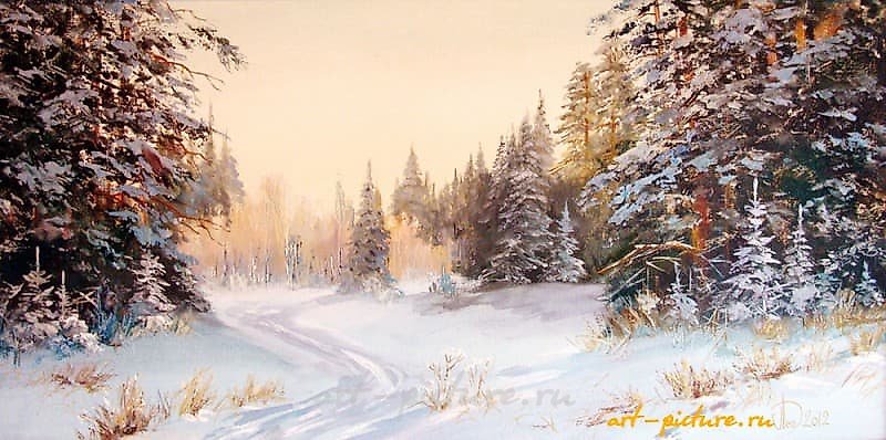 The translation of the text you provided is: "The road through the winter forest, oil on canvas."