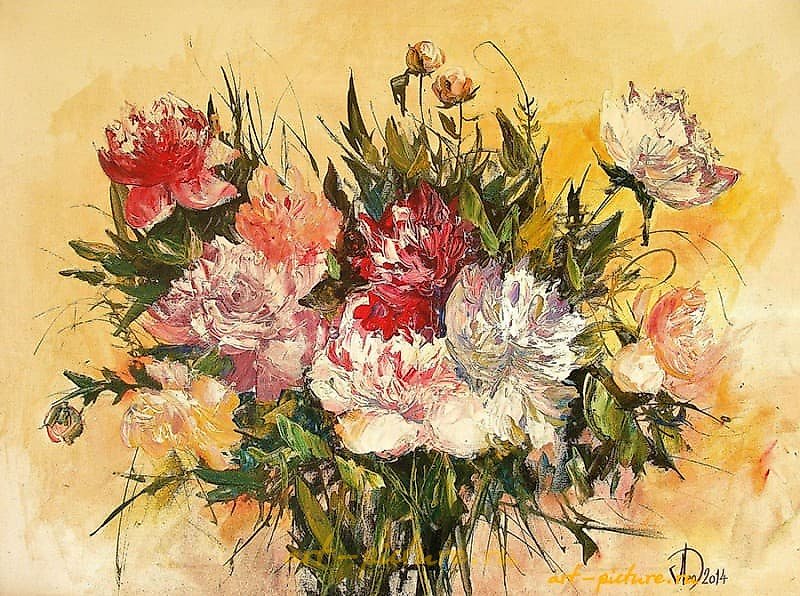 "Peonies on yellow acrylic, canvas"