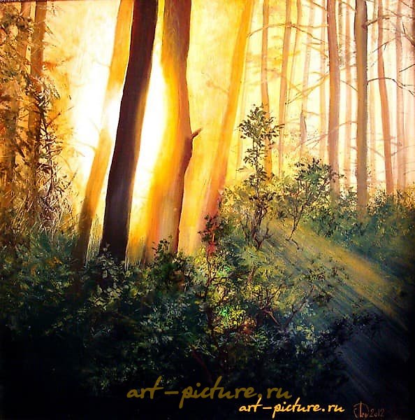 The text translates to "Awakening forest oil, canvas" in English.