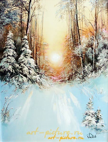 The translation of "Зимнее солнце масло, холст" into English is "Winter sun oil, canvas."