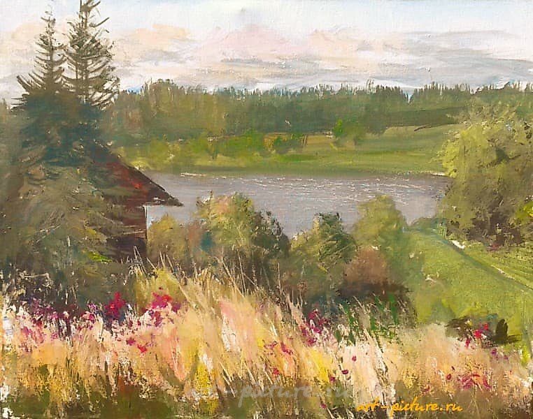 The translation of the text "Банька в Чусовом масло, холст" is "Bathhouse in Chusovoy, oil, canvas."