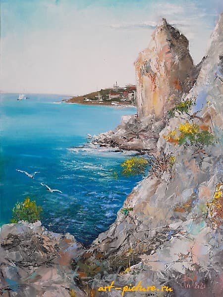 The translation of "Вид на скалу Лебедь масло, холст" into English is "View of the Swan Rock oil on canvas."