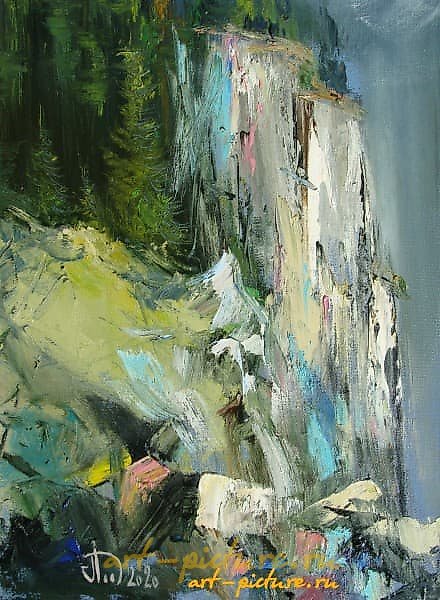 The translation of the text "Обрыв масло, холст" into simplified Chinese is "油画，画布".