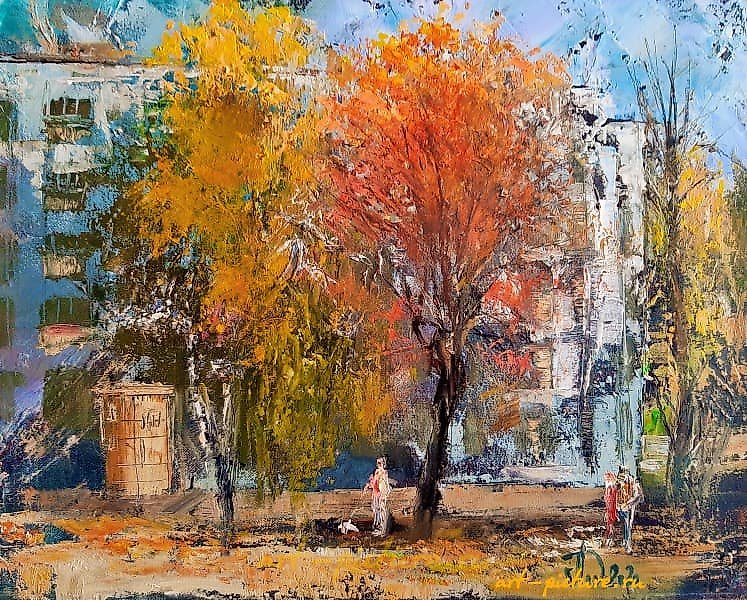 秋天的庭院 油画，画布