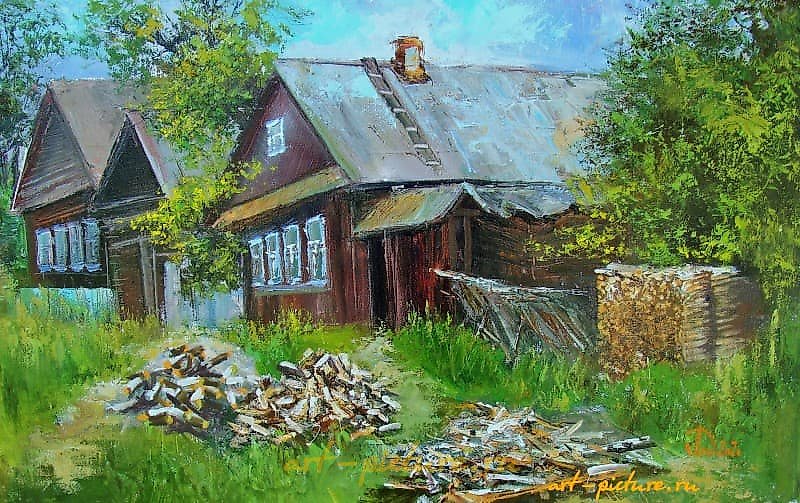 The translation of the text "Хозяйство в Староуткинске масло, холст" into English is "Farm in Staroutkinsk oil, canvas."