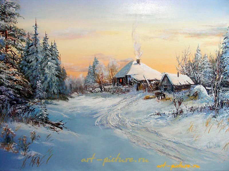 The translation of "Зимовье масло, холст" into English is "Winter Lodge oil, canvas."