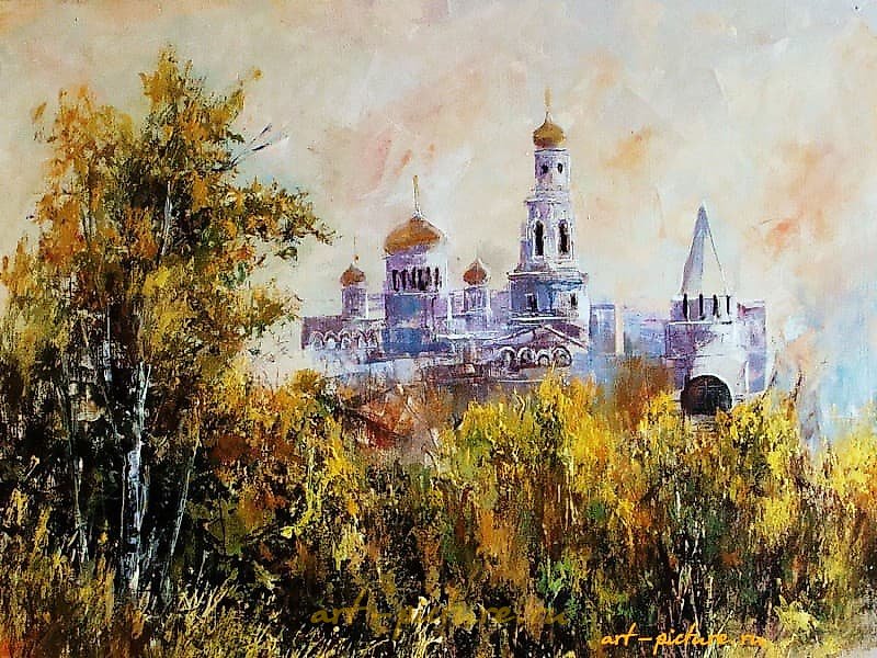 The translation of the text is: "Panorama of the Kremlin, oil on canvas."