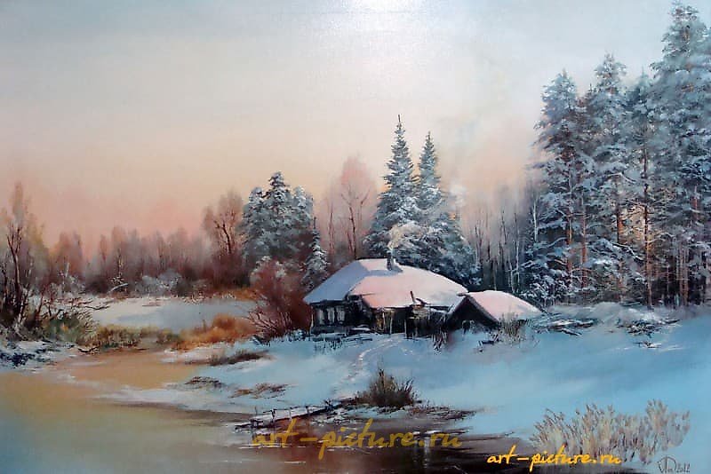 The translation of the text "Хозяйство лесника масло, холст" into English is "The forest ranger's farm oil, canvas."