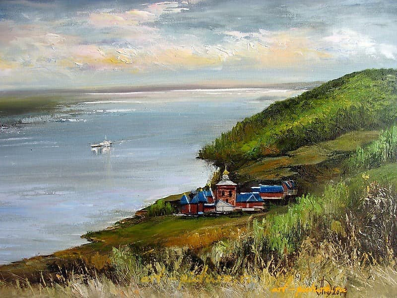 The translation of the text "Волга у Кашпира масло, холст" into English is: "Volga at Kashpir, oil, canvas."