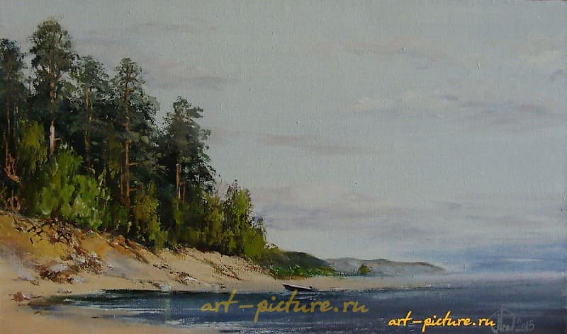 The translation of the text "Берег реки масло, холст" into English is "Riverbank oil, canvas."