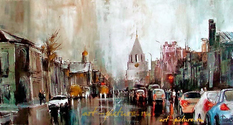 The translation of the text is: "View of the Spasskaya Tower, oil on canvas."