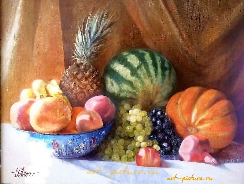 Still Life with a Cup and Fruits, oil on canvas.