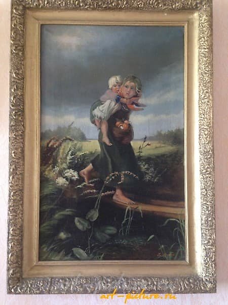 The translation of the text "Дети бегущие от грозы масло, холст" into English is "Children running from the storm, oil, canvas."