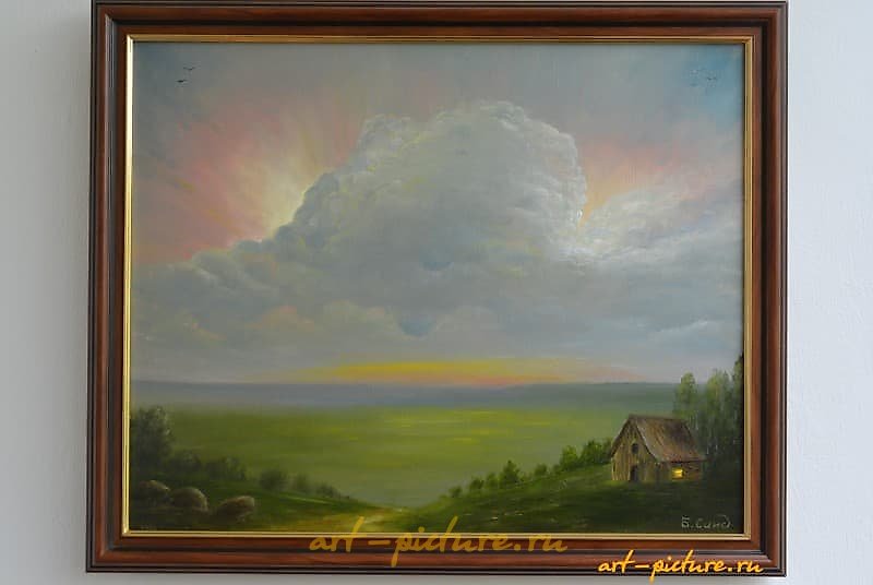 The translation of "Одинокий домик холст масло" into English is "Lonely little house, canvas, oil."