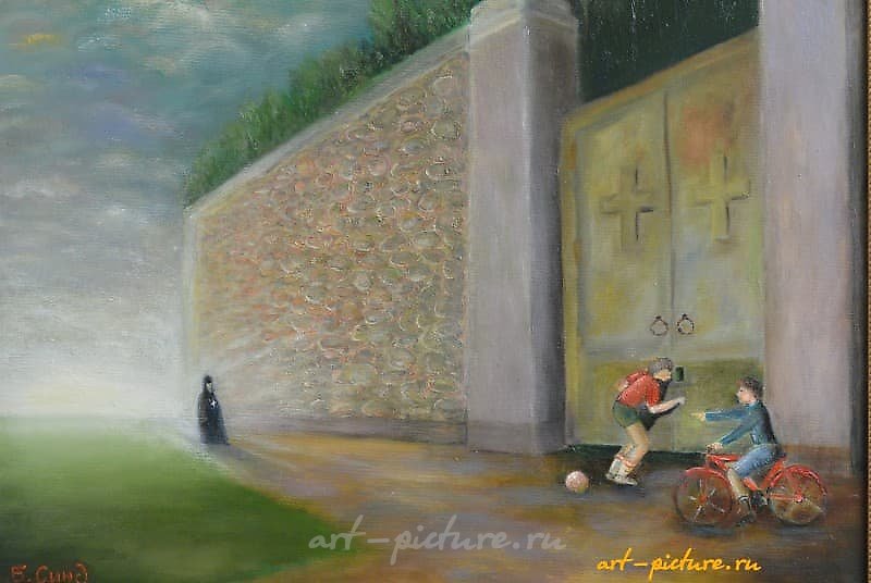 The translation of "за монастырской стеной холст масло" into English is "behind the monastery wall, an oil canvas."