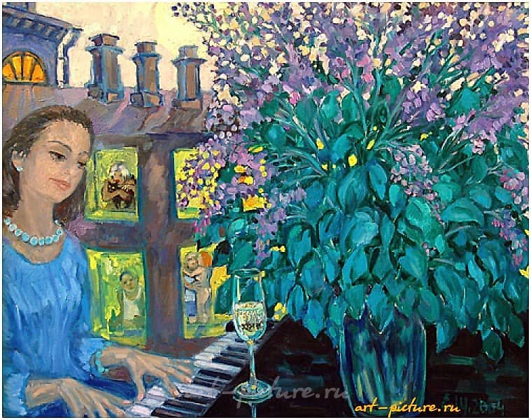 The translation of "Young-Lady-is-at-the-piano Холст , масло" into English is "Young Lady at the Piano, Canvas, Oil."