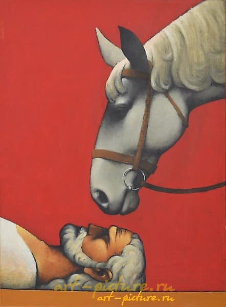 The text translates to "Two comrades, canvas, oil" in English.