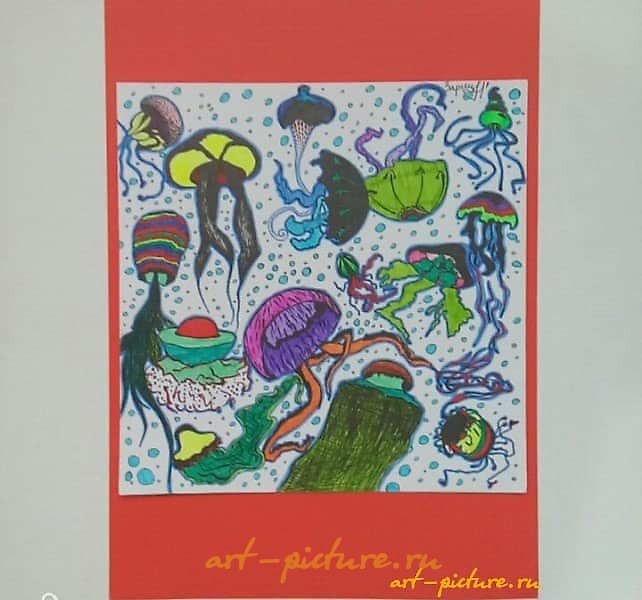 "Jellyfish" colored markers, black pen, watercolor paper.