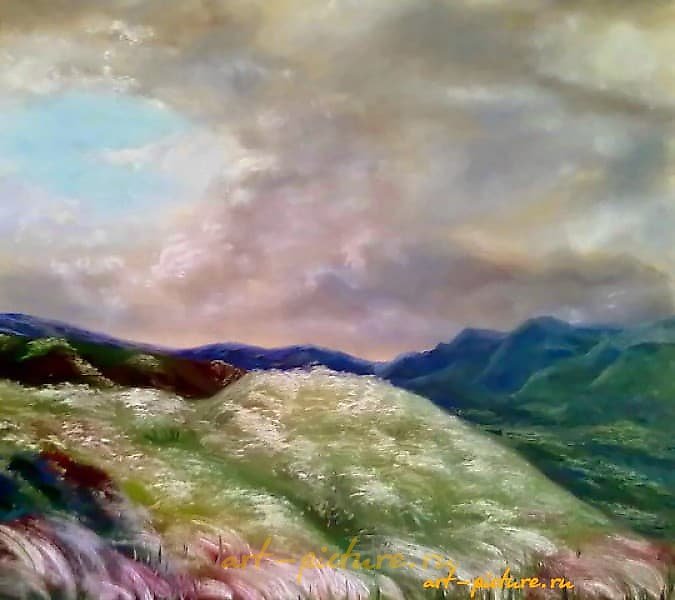 The translation of "Седой ковыль холст/масло" into English is "Gray feather grass canvas/oil."