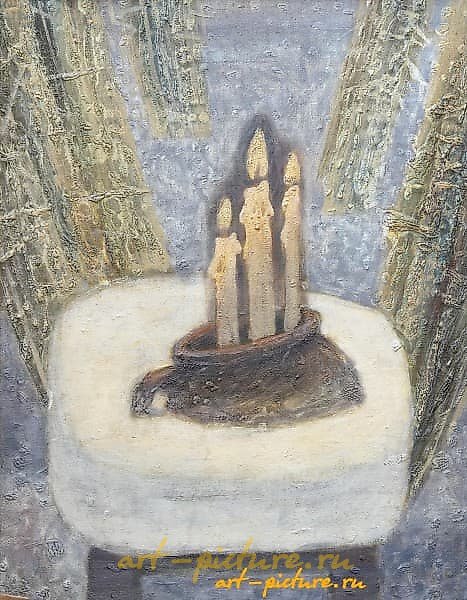 The translation of the text "Свечи на снегу масло, холст" is "Candles on the Snow oil, canvas."