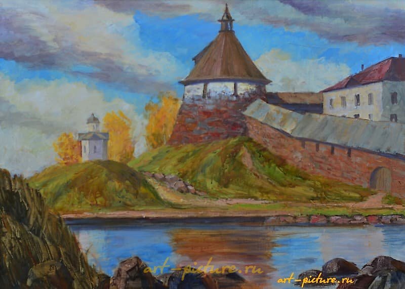 The translation of "Соловки масло, холст" into English is "Solovki oil on canvas."